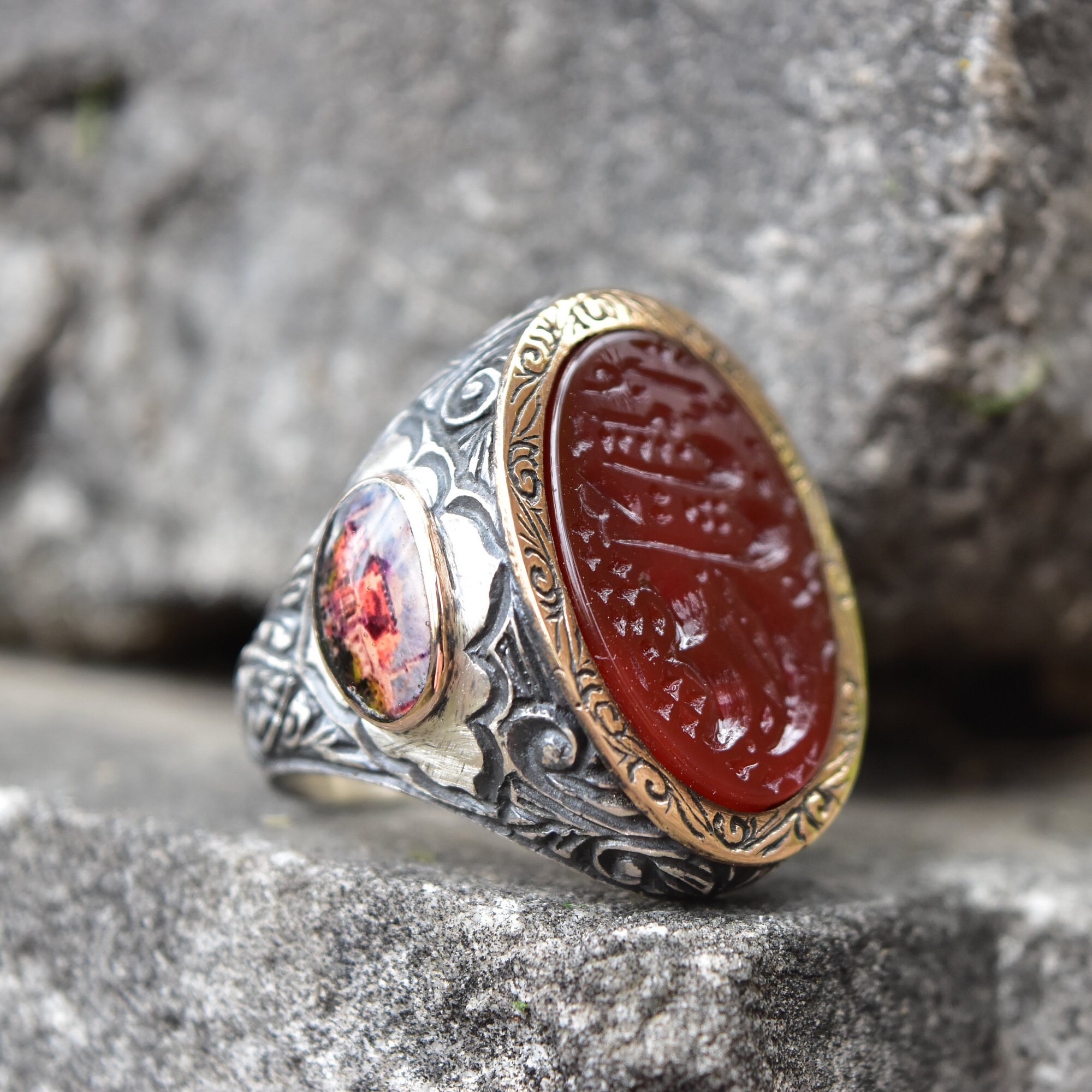 Handmade Engraved Red Agate Silver Ring Unique İslamic Ring | Etsy