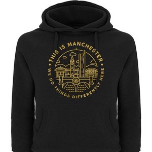 Premium Unisex This Is Manchester Hooded Sweatshirt Jumper Hoodie Streetwear Yellow On Black