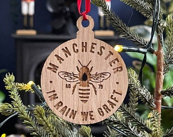 Wood Manchester Bee Bauble - Hanging Wooden Christmas Decoration