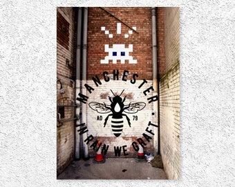 Manchester Bee Alien Space Invaders Portrait Print Souvenir Wall Art