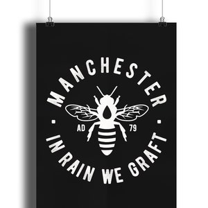 Manchester Bee Portrait Wall Art Print A4 White On Black