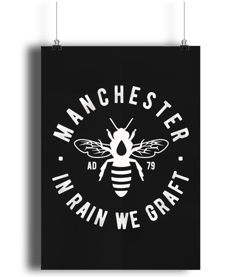 Manchester Bee Portrait Wall Art Print A4 White On Black