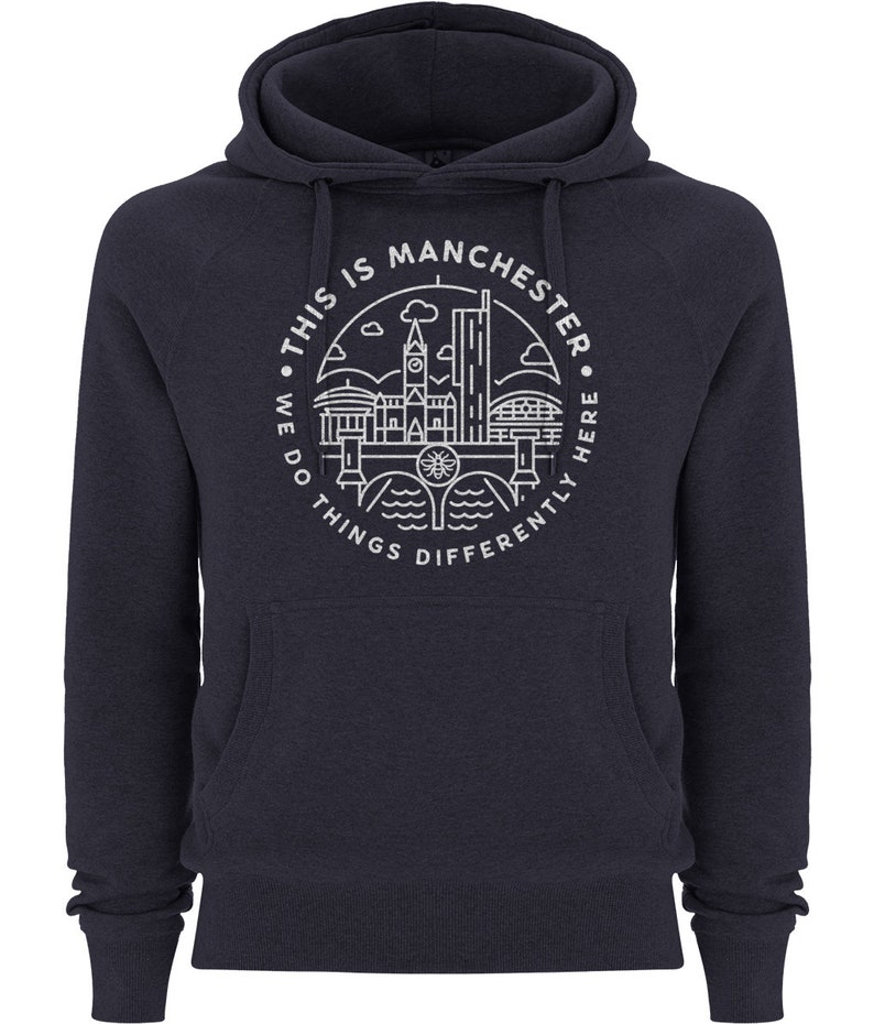 Premium Unisex This Is Manchester Hooded Sweatshirt Jumper Hoodie Streetwear White On Navy