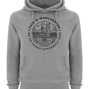 Premium Unisex This Is Manchester Hooded Sweatshirt Jumper Hoodie Streetwear Black On Grey