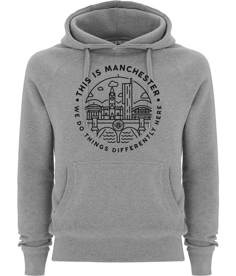 Premium Unisex This Is Manchester Hooded Sweatshirt Jumper Hoodie Streetwear Black On Grey