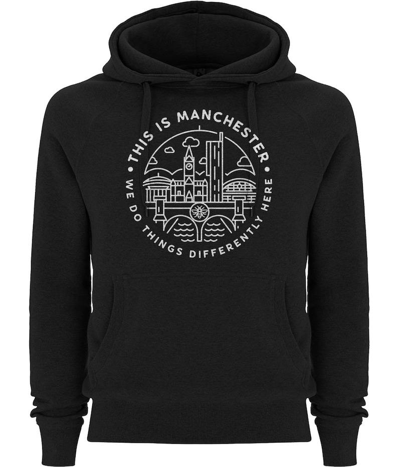 Premium Unisex This Is Manchester Hooded Sweatshirt Jumper Hoodie Streetwear White On Black