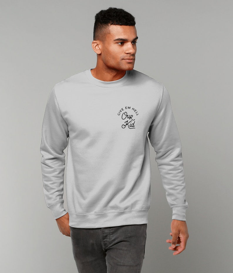 Unisex Our Kid Pocket Logo Sweatshirt Jumper Manchester Streetwear Black On Grey