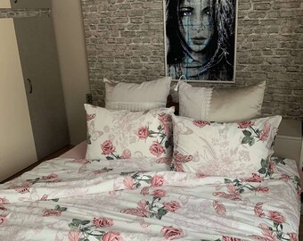 Duvet Set Cover + Pillowcases Beautiful Roses Printed Cotton Ultra Comfortable Sheet Set Colors All Sizes Single Full Twin Double Queen King