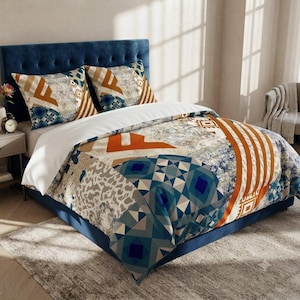 Geometrische patchwork satijnen dekbedovertrekset, modern terracotta en blauw beddengoed, abstracte boho dekbedovertrek voor eenpersoons-, tweepersoons-, queensize- of kingsize bed