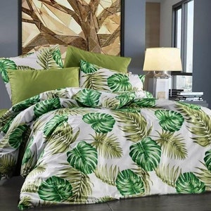 Green tropical flowers Duvet Cover Set Pillowcases Tropiical bedding set Pure cotton Sheet Set All Sizes Single Full Twin Double Queen King