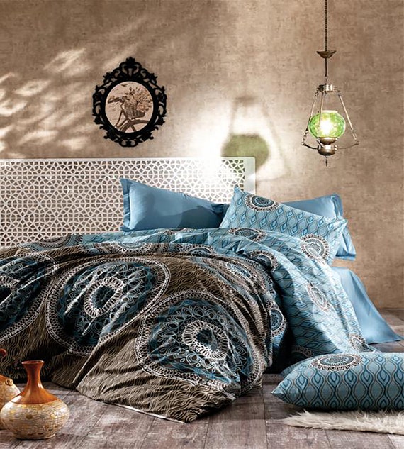 Duck Egg Blue Beige Mandala Duvet Set 