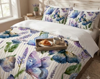 Elegantes Bettwäsche-Set mit Aquarell-Schmetterlingsmuster in Lavendel, Baumwollsatin, Kissenbezüge, gestreiftes Lavendelmuster, Einzel-/Doppelbett/Queensize, Kingsize
