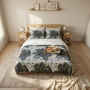 Navy Blue Floral Leopard Print Bedding Set Modern Maximalism Bedroom Decor Duvet Cover Cotton Sateen Bedding Set Full Twin Double Queen King