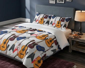 Bettwäsche-Set mit Gitarrenmuster aus Baumwollsatin – Luxuriöse, weiche Musik-Bettwäsche aus reiner Baumwolle – Hochwertige Rockmusik-Schlafzimmerdekoration – Alle Größen