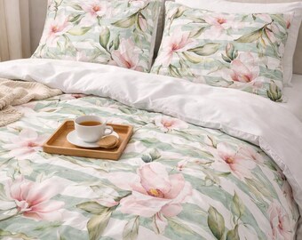 Bedding set Soft Green Duvet Cover and Pillowcases Floral Bedding Set Family Gift Cotton Sateen Sheet Set Sizes Twin Twin XL Queen King