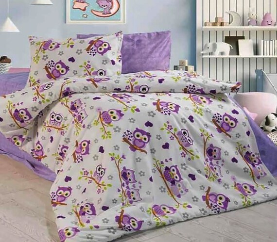 Cute Purple Owls Bedsheets Duvet Set Cover Pillowcases 100 Cotton Sheet Set Solid Colors All Sizes Single Full Twin Double Queen King Etsy