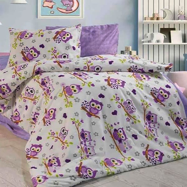 Mignons hiboux violets draps de lit Housse Housse housse Taies d’oreiller 100% coton Draps Ensemble Couleurs unies Toutes les tailles Simple Full Twin Double Queen King