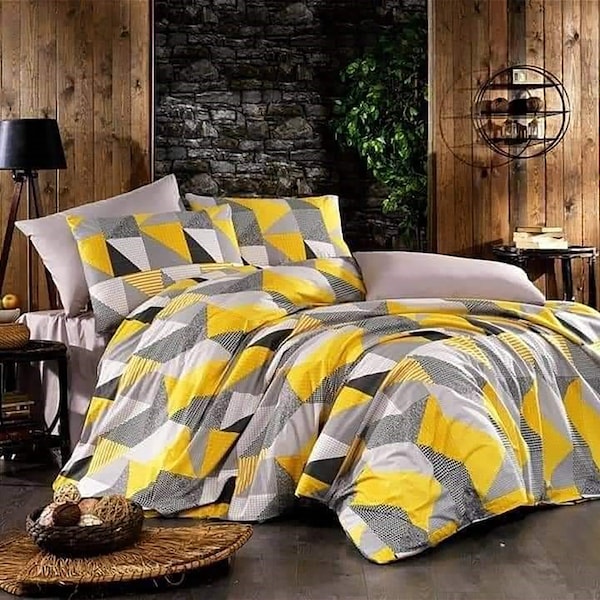 Gray Yellow Duvet Set | Cover + Pillowcases 100% cotton Sheet Set Fresh Colors All Sizes Single Full Twin Double Queen King