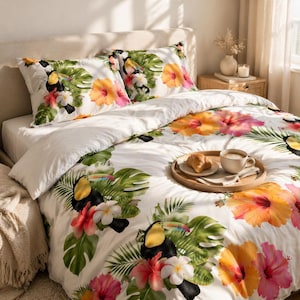 Juego de funda nórdica de satén 100% algodón con estampado floral tropical de tucán - Diseño inspirado en la primavera campestre - Juego de sábanas Twin Twin XL Queen King