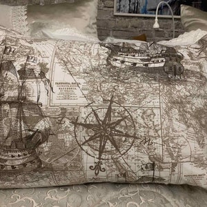 Taie d'oreiller taie d'oreiller beige marron pirates carte avec ruban attaches coton blanc fait main norme européenne reine roi