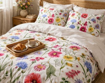 Floral Cotton Sateen Duvet Cover Set 2 Pillowcases Sateen Bedding Gift for Family Twin Queen King