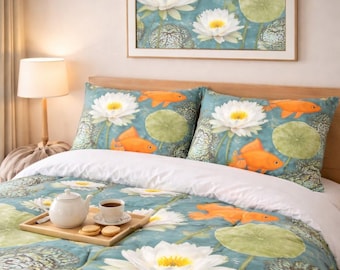 Funda nórdica y fundas de almohada de lujo con diseño de nenúfares blancos y peces dorados, ropa de cama de acuarela estilo jardín zen, regalo para la familia, tamaño individual, matrimonial y king, satén de algodón.