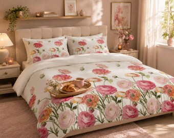 Bettwäsche-Set mit Blumenmuster, 100 % Baumwollsatin, Farbe: Blush Meadow, Kissenbezüge, Laken-Set, Größen: Einzelbett, Doppelbett, Queensize, Kingsize, Familiengeschenk
