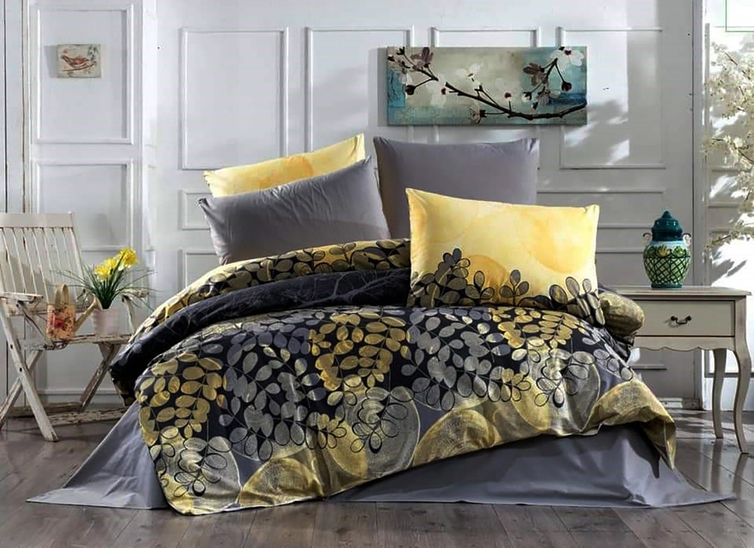 Yellow Gray Printed Flowers Duvet Set Cover Pillowcases 100 Cotton Sheet Set Solid Colors All Sizes Single Full Twin Double Queen King Etsy UK