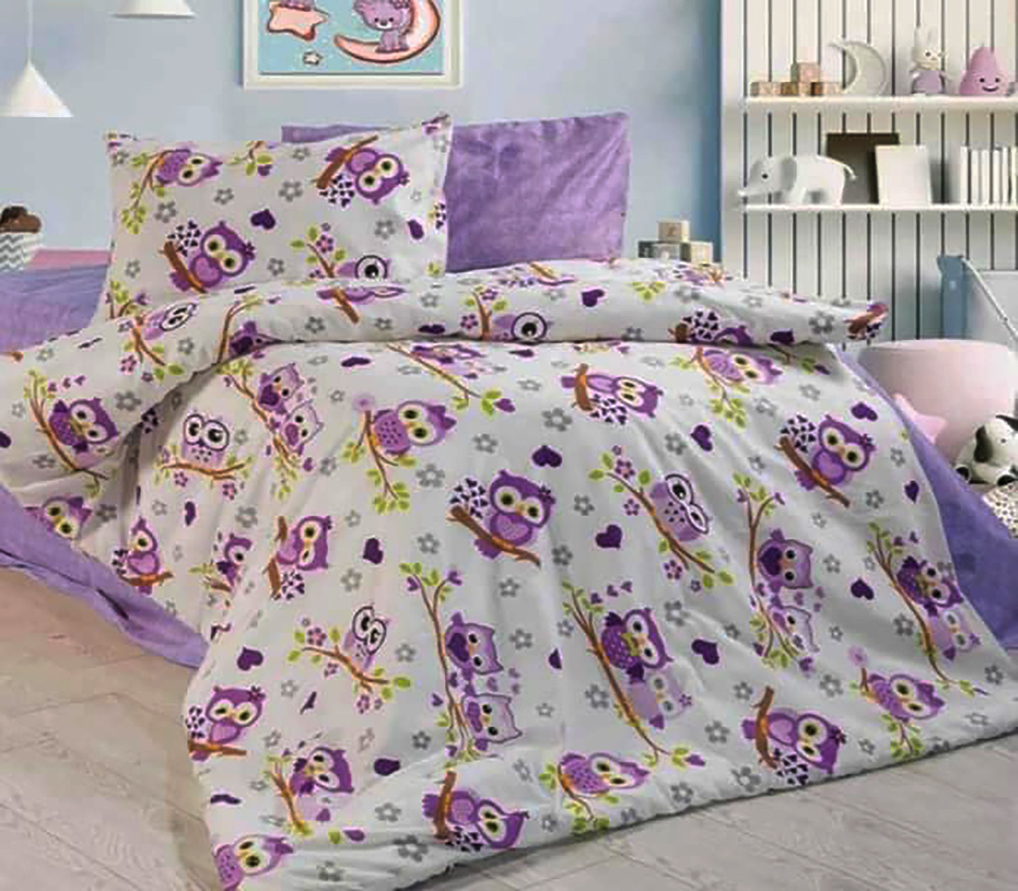 Duvet Cover Set and Pillowcases Cotton Set Owls Bedding Gift for Family Single Full Twin Double Quee