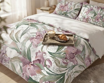 Luxury Vintage Iris Duvet Cover Set | Soft Cotton Bedding with Pillowcases in Purple Botanical Floral Print - Twin, Full/Double, Queen, King