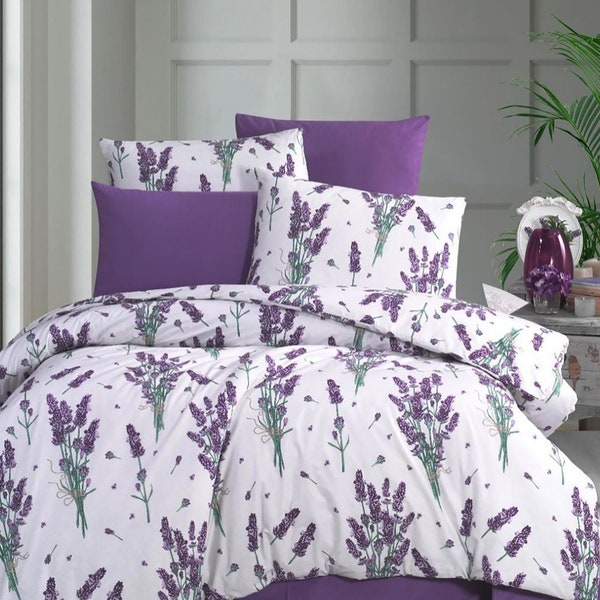 Lavande Fleurs avec Rubans Romantique Ensemble Literie Pur-Coton Pays Printemps Saison Inspiré Design Art Décoratif Tissu Violet