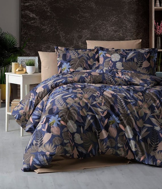Blue beige printed flowers Dark blue pure cotton Duvet Set Cover  Pillowcases 100% cotton Sheet Set Sizes Single Full Twin Double Queen King