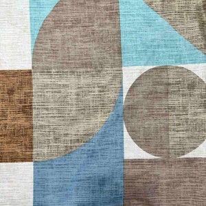 May include: Abstract geometric pattern featuring squares, circles, and semi-circles in shades of brown, blue, and white. The design has a textured, linen-like appearance, creating a modern and artistic aesthetic.