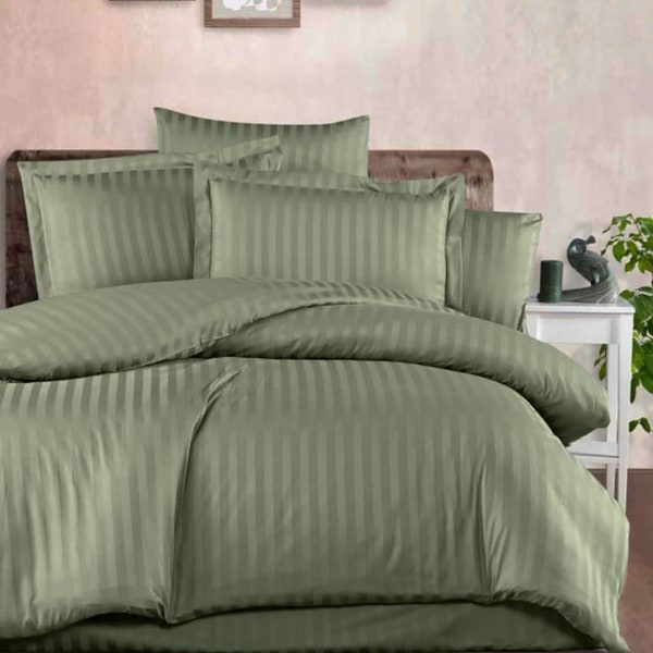 Olive green Satin Bedding set, Modern Duvet Cover/ 2 Pillowcases, Pima cotton satin Sheet, Set All Sizes, Single Full Twin Double Queen King