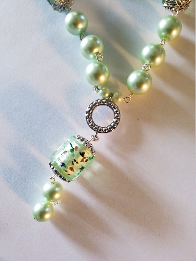 Stretch bracelet. Spring Green Glossy finish faux pearl Y Necklace Drop earrings with whoops
