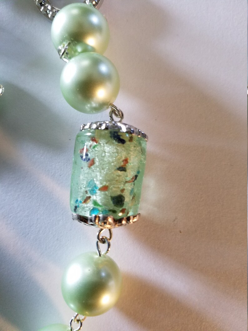 Stretch bracelet. Spring Green Glossy finish faux pearl Y Necklace Drop earrings with whoops