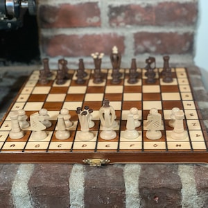 Handmade Detailed Wooden Portable Chess Set with Folding Travel 14 X 14 inch Board and Vintage Hand Made Pieces