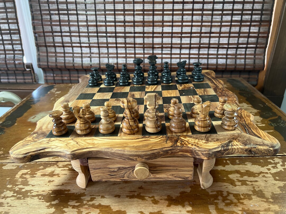 Great Gift Unique Chess Set, Rustic Olive Wood Chess Board, Custom