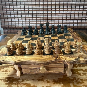 Great Gift Unique Chess Set, Rustic Olive Wood Chess Board, Custom Wooden Chess Set Game 16x16 inch and 12x12 inch Board Available