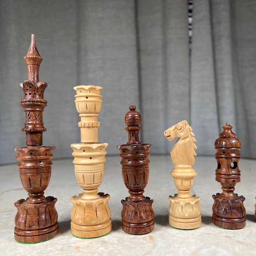 Wooden Chess Pieces Set 4 DOME ARTISTIC Hand Carved Etsy