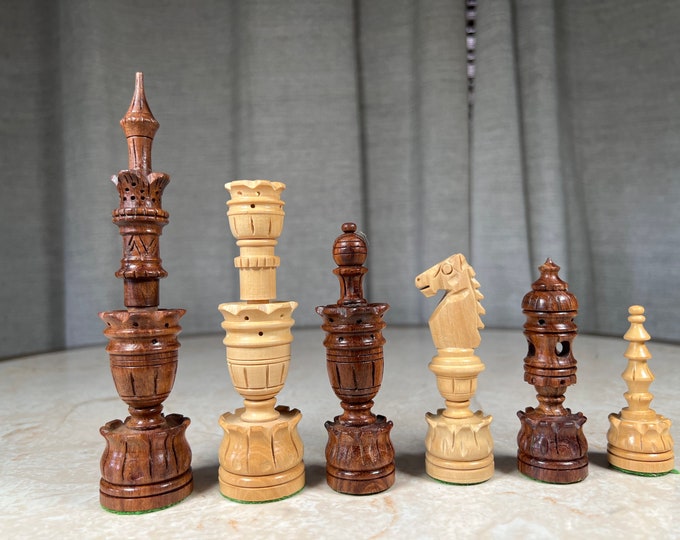 Large handmade wood carved chess pieces (6.25 Inch King) Unique flower design wooden hand made chess set