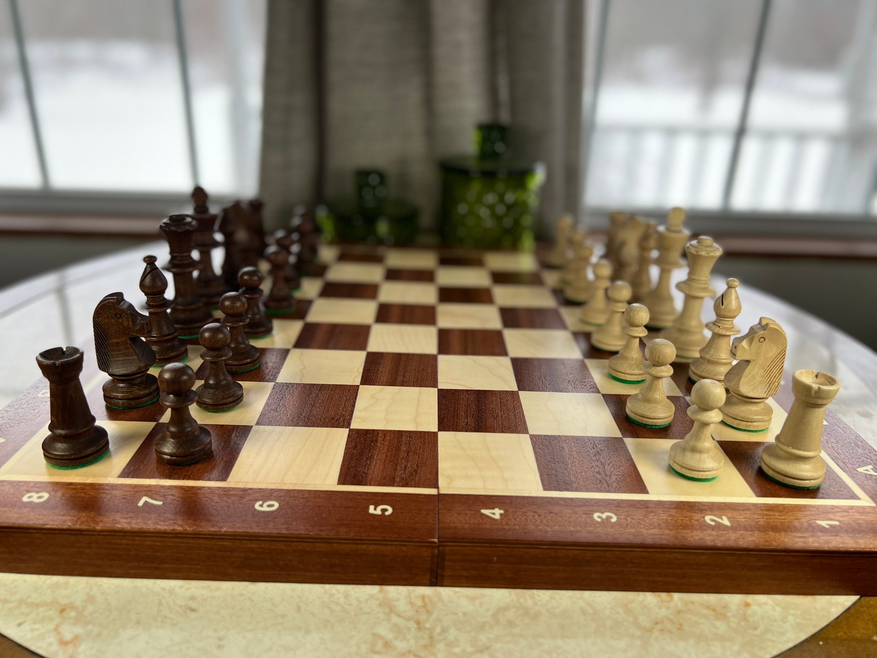 German Knight Plastic Chess Set Brown & Natural Wood Grain Pieces - 3.9  King - The Chess Store