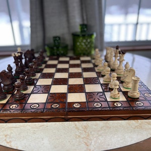 Large Beautifully Detailed 16 Inch Wooden Travel Chess Set Portable folding Board with Storage Box