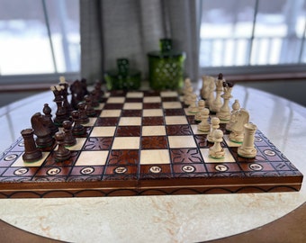 Large Beautifully Detailed 16 Inch Wooden Travel Chess Set Portable folding Board with Storage Box