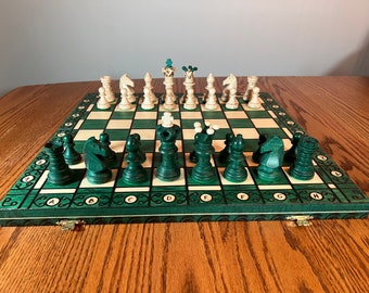 Large Beautiful Detailed Travel Wooden Chess Set-Now in Green! 21 Inch Folding Board 3.5-4.25 Inch King Great Gift