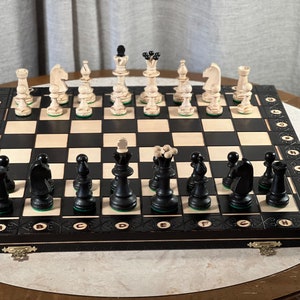 Large Beautifully Detailed Black Travel Wooden Chess Set with Storage-Now in 3 Sizes! 21, 19, 16 inch Boards