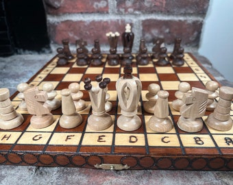 Beautifully Detailed Wooden Portable Chess Set with Folding Travel 12X12 inch Board and Vintage Hand Made Pieces