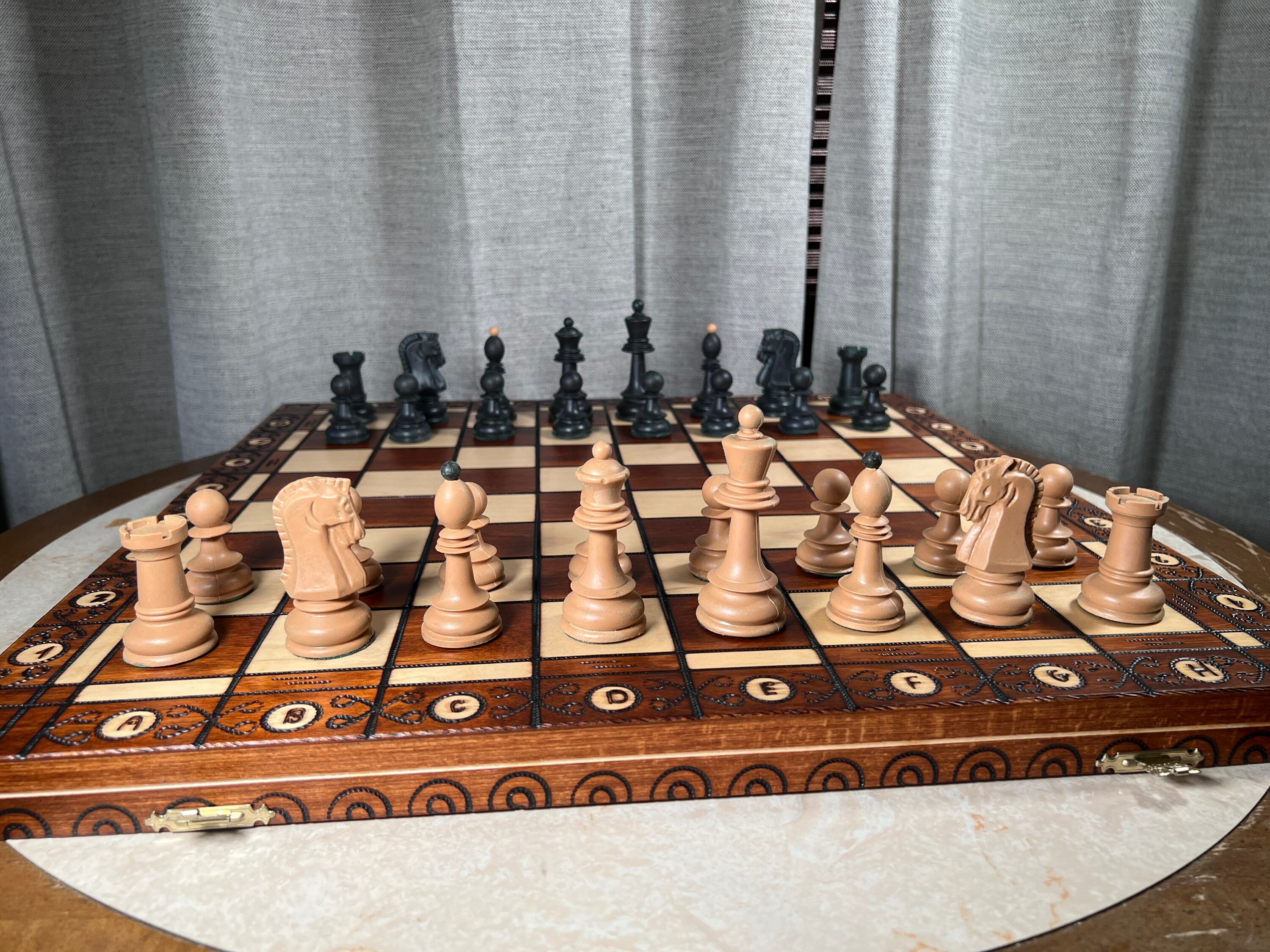 Soviet Chess Set Made 1984 Roman Warriors and Wooden 20 Inch 