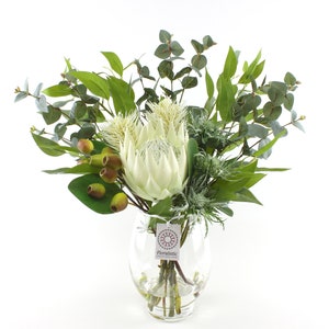 Cream green native Protea Banksia and Gumnut artificial flower arrangement in vase, faux flower arrangement, flowers for home, home decor