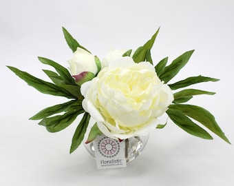 Floralistic - White Peony Silk Flower Arrangement - 2 Flowers and a Bud - Mother Day Gift - Home Decor - Wedding Flowers